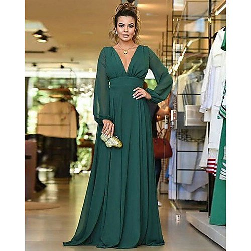 

A-Line Plunging Neck Floor Length Chiffon Bridesmaid Dress with Pleats