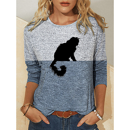 

Women's Plus Size Patchwork Print Cat Color Block Animal T shirt Large Size Shirt Collar Long Sleeve Tops Big Size