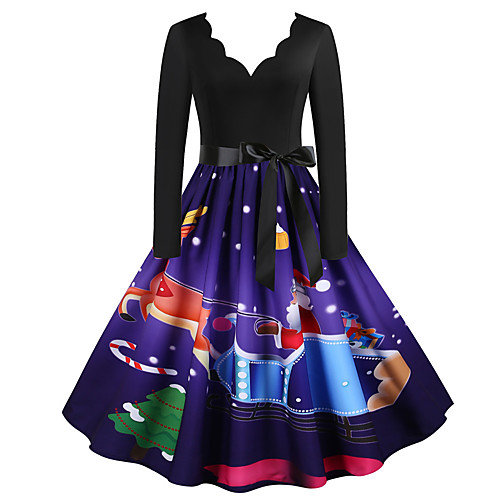 

Women's A Line Dress Knee Length Dress Blue Long Sleeve Print Ruched Zipper Bow Fall Winter V Neck Casual Vintage Christmas 2021 S M L XL XXL 3XL