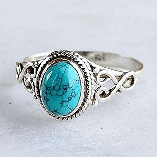 

genuine women's 925 sterling silver plated ring oval cut natural bohemia turquoise jewelry birthday proposal hollow engagement party band rings size 6-10