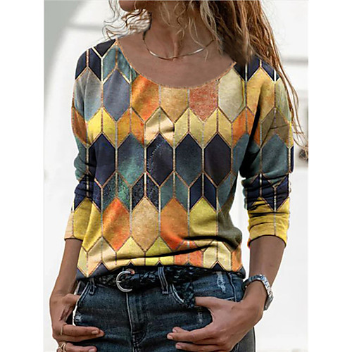 

Women's T-shirt Blouse Color Block Plaid Long Sleeve Print Round Neck Tops Vintage Streetwear Basic Top Blue Red Yellow