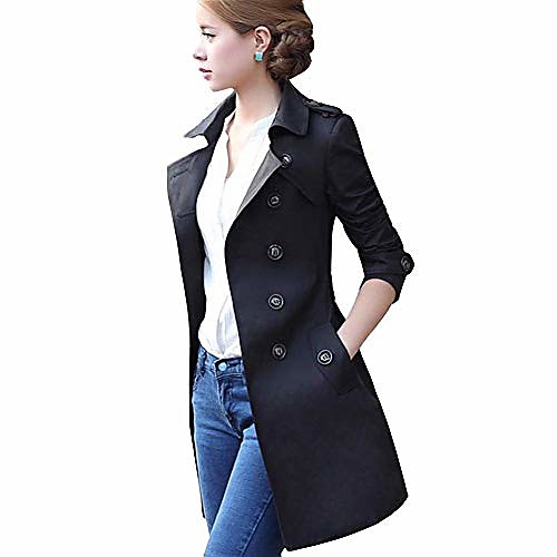 

womens double breasted trench coat mid-length lightweight jacket slim spring fall overcoat outerwear black xl