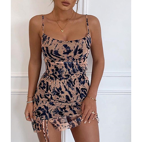 

Women's Strap Dress Short Mini Dress Brown Sleeveless Print Tie Dye Patchwork Print Fall Summer Off Shoulder Elegant Vintage 2021 S M L XL