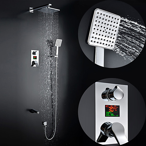 

200200 Chrome Shower Faucet Sets Complete with Wideapread Handshower Nozzle Temperature Shower Time Screen, Wall Mounted Spray Rainfall Shower Head Contain Shower Faucet Rough-in Valve Body and Trim