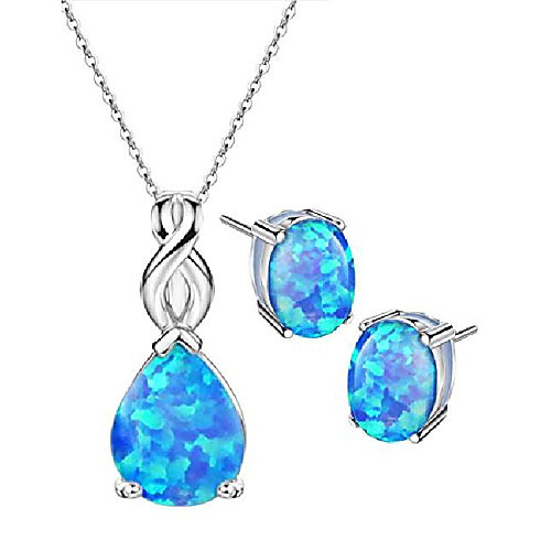 

blue opal jewelry set sterling silver pendant necklace stud earrings october birthstone gemstone fine jewelry for women