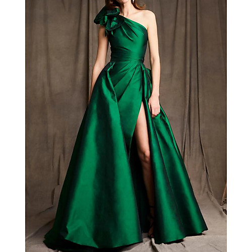 

A-Line Minimalist Sexy Engagement Formal Evening Dress One Shoulder Sleeveless Floor Length Satin with Bow(s) Ruched Split 2021