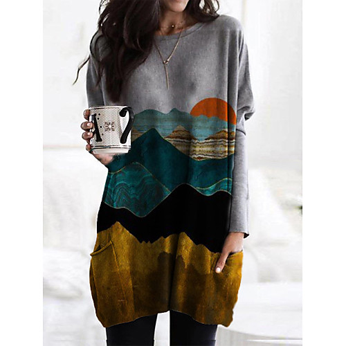 

Women's T Shirt Dress Tee Dress Short Mini Dress Rainbow Long Sleeve Print Pocket Patchwork Print Fall Round Neck Casual Christmas 2021 S M L XL XXL 3XL / Plus Size