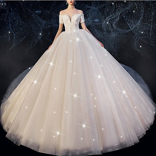 

Princess Ball Gown Wedding Dresses Off Shoulder Cathedral Train Satin Tulle Short Sleeve Formal Romantic Luxurious Sparkle & Shine with Pleats Crystals 2021