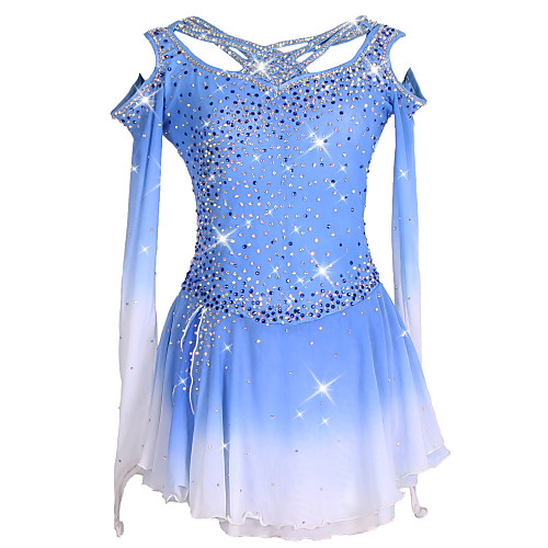 

Figure Skating Dress Women's Girls' Ice Skating Dress Blue Patchwork Asymmetric Hem Spandex High Elasticity Training Competition Skating Wear Handmade Crystal / Rhinestone Long Sleeve Ice Skating