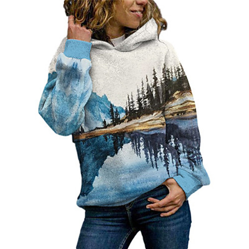 

Women's Pullover Hoodie Sweatshirt Graphic Scenery Patchwork Daily Other Prints Casual Hoodies Sweatshirts Blue