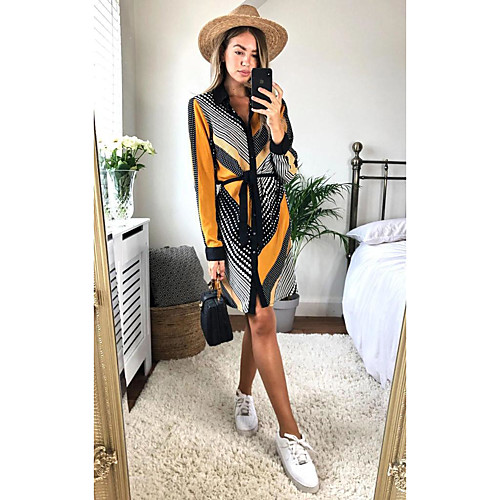 

Women's Sheath Dress Maxi long Dress Blue Yellow Green Long Sleeve Print Color Block Patchwork Print Fall Summer Shirt Collar Elegant Casual 2021 S M L XL XXL