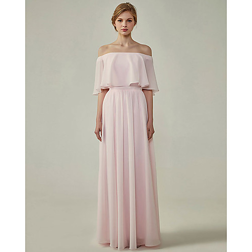 

A-Line Off Shoulder Floor Length Chiffon Bridesmaid Dress with Ruffles