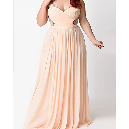 

A-Line Plunging Neck Floor Length Chiffon / Tulle Bridesmaid Dress with Sash / Ribbon / Pleats / Beading