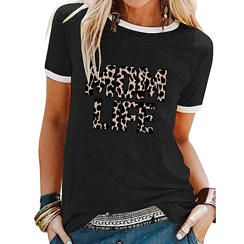 

Women's T shirt Leopard Letter Patchwork Print Round Neck Tops Basic Basic Top White Black Blue