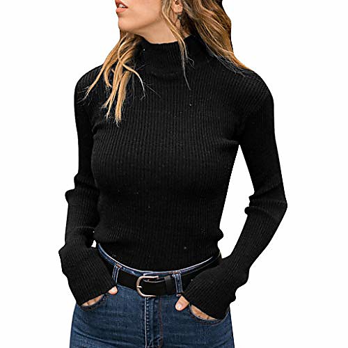 

, fashion ladies solid color turtleneck sweater casual knitted sweater slim fit sweatshirt warm pullover s-xl (black 01, l)