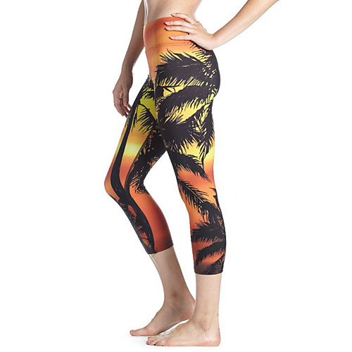 

Women's Basic Chino Breathable Comfort Daily Gym Leggings Pants Plants Tropical Calf-Length Patchwork Print Orange