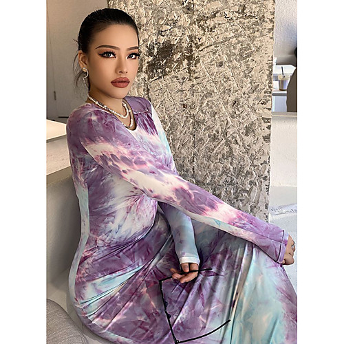 

Women's Sheath Dress Maxi long Dress Black Purple Green Long Sleeve Tie Dye Patchwork Print Fall Spring Round Neck Work Sexy 2021 S M L XL XXL 3XL / Plus Size