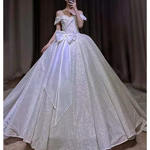

Ball Gown Wedding Dresses Off Shoulder Floor Length Sequined Short Sleeve Formal Romantic Sparkle & Shine with Bow(s) Beading 2021
