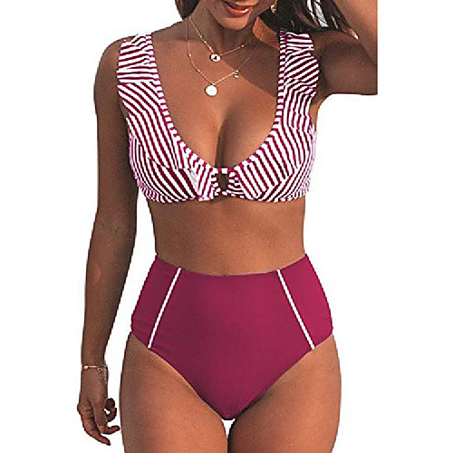

Blue Striped And High-waisted Bikini Tummy Control Swimsuit