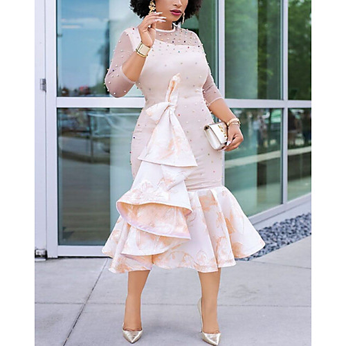 

Women's Sheath Dress Knee Length Dress Blushing Pink Long Sleeve Solid Color Ruffle Patchwork Bow Fall Winter Round Neck Elegant 2021 S M L XL XXL