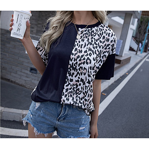

Women's T shirt Leopard Round Neck Tops Basic Basic Top Black Navy Blue Gray