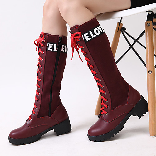 

Women's Boots Block Heel Round Toe Crotch High Boots Casual Preppy Daily Office & Career PU Lace-up Solid Colored Wine White Black / Mid-Calf Boots