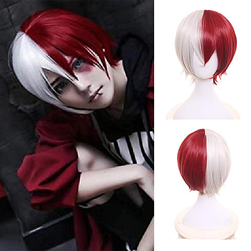 

anime cosplay wigs short white red mixed hair halloween costume party wigs (todoroki shōto)