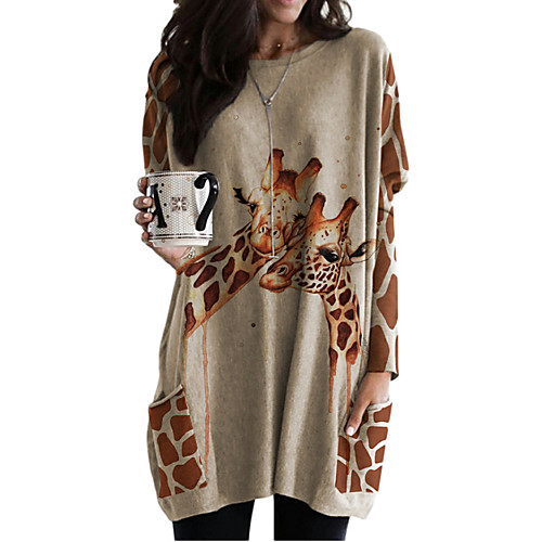 

Women's T Shirt Dress Tee Dress Short Mini Dress Khaki Long Sleeve Animal Patchwork Button Print Fall Round Neck Casual 2021 S M L XL XXL 3XL / Plus Size