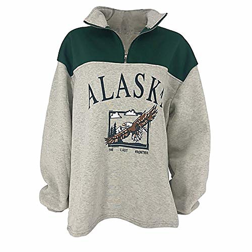 

women alaska letter printed graphic sweatshirts casual hip hop top ladies stand collar half zip pullover green s