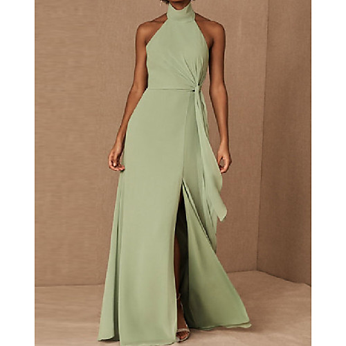 

A-Line Halter Neck Floor Length Chiffon / Shantung Bridesmaid Dress with Ruching / Open Back