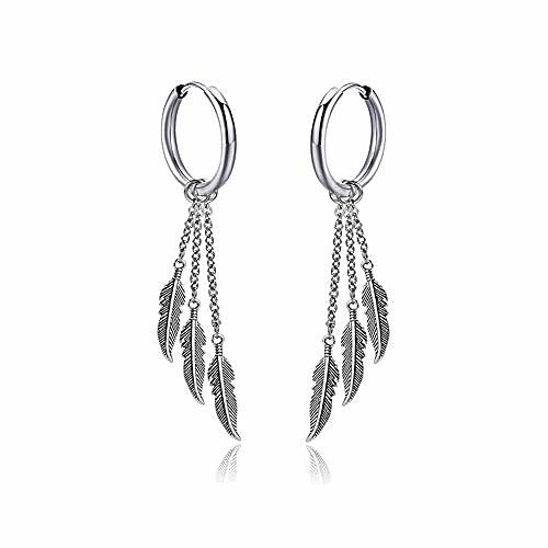 

feather dangle earrings for men punk stainless steel long chain pendant earrings…