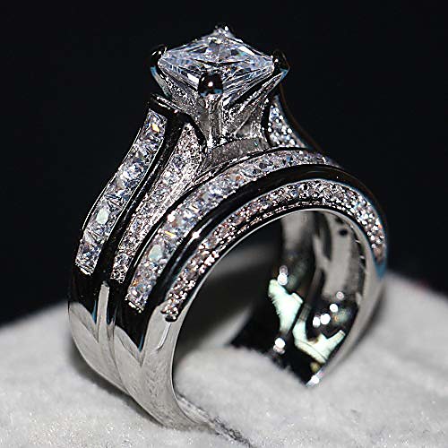 

luxury and shining 2-in-1 womens vintage white diamond silver engagement wedding band ring set