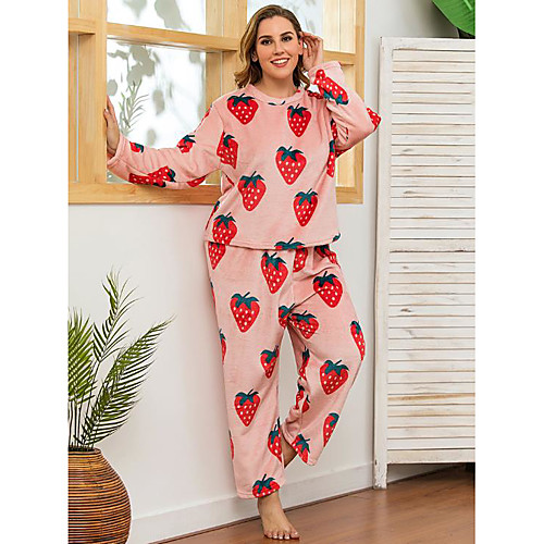 

Women's Home Cotton Blend Plus Size Leisure Round Neck Loungewear Full Body Print Fall Strawberry L Blushing Pink