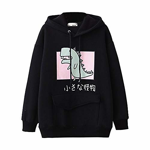 

women's japanese hoodie with pockets cute kawaii 小さな怪物 print dinosaur print pullover sweatshirt sweater black