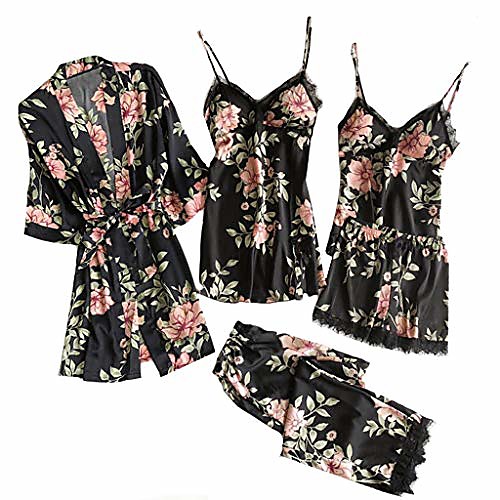 

Women's Pajamas 5pcs Set silk Floral Print Jumpsuit Pyjamas Set Satin Nightwear Sexy Lace Nightgown Nightdress Homewear Robe Camisole Sleepwear Bathrobe(Black,S)
