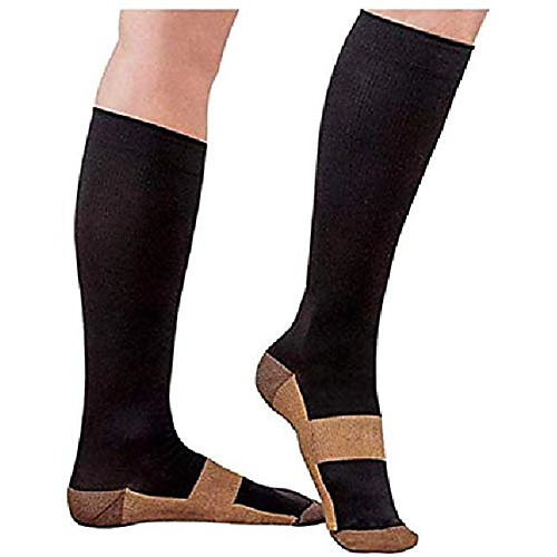 

copper compression socks for men women 10-20 mmhg below knee over the calf for sports medical travel (black/copper, small)