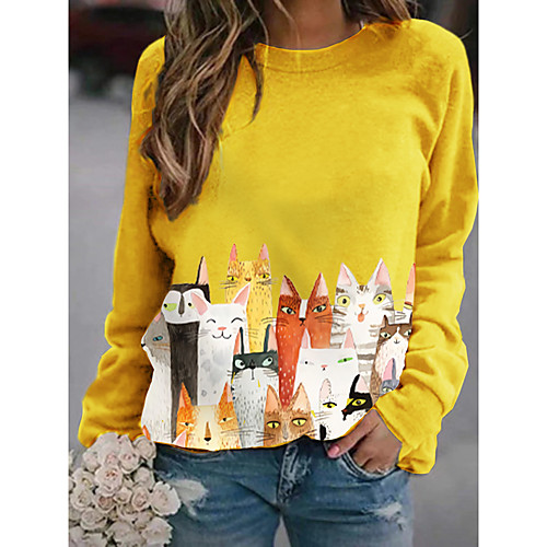 

Women's Pullover Sweatshirt Cartoon Cat Graphic Daily Basic Casual Hoodies Sweatshirts White Black Yellow