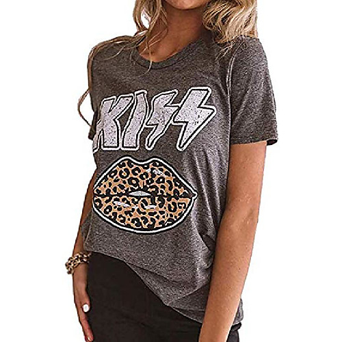 

womens kiss lips leopard print tongue t-shirt summer casual cool graphic tees tops dark grey