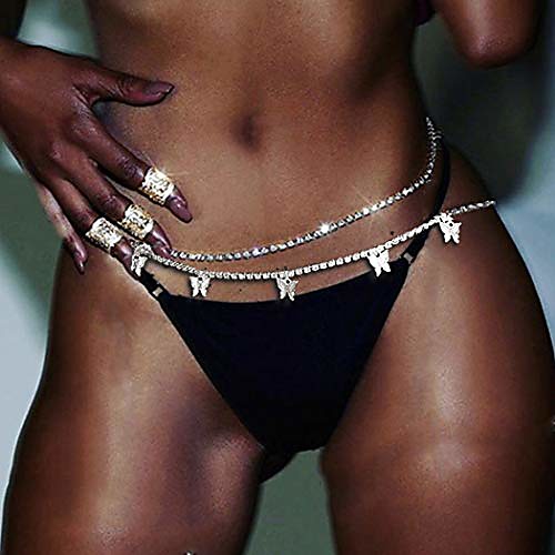 

boho butterfly belly waist chain rhinestones body chain party body jewelry accessories for women and girls (gold)
