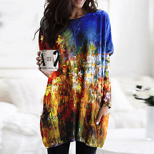 

Women's Shift Dress Short Mini Dress Orange Long Sleeve Print Print Fall Spring Round Neck Casual 2021 M L XL XXL 3XL