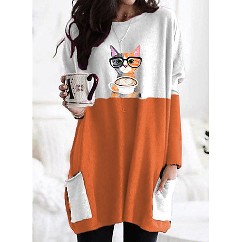 

Women's T shirt Dress Tunic Cartoon Cat Graphic Prints Long Sleeve Pocket Patchwork Round Neck Tops Basic Basic Top Black Orange Gray