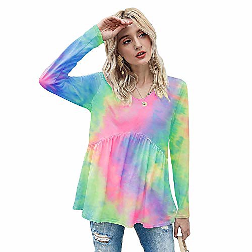 

women's tie dye peplum pleated loose v neck flare ruffle swing long sleeve babydoll casual tops blouse tunic