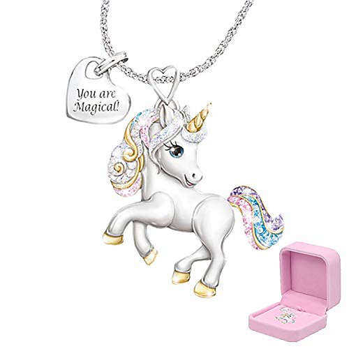 

girls unicorn necklace pendant cute animal colorful unicorn jewelry 'your are magical' heart pendant gift for teen kids christmas thanksgiving halloween with gift box (unicorn)
