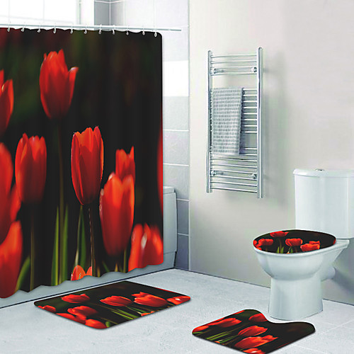 

Red Tulip Digital Printing Four-piece Set Shower Curtains And Hooks Modern Polyester Machine Made Waterproof Bathroom