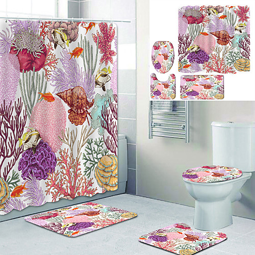 

Seaweed Conch Printed Bathtub Curtain Liner Covered With Waterproof Fabric Shower Curtain For Bathroom Home Decoration With Hook Floor Mat And Four-piece Toilet Mat