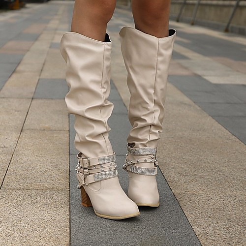 

Women's Boots Chunky Heel Round Toe Knee High Boots Casual Daily Walking Shoes PU Rhinestone Rivet Buckle Solid Colored White Black Brown