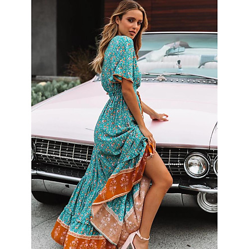 

Women's Swing Dress Maxi long Dress Blue Red Light Green Short Sleeve Print Tassel Fringe Patchwork Print Summer V Neck Casual 2021 S M L XL XXL 3XL 4XL / Plus Size