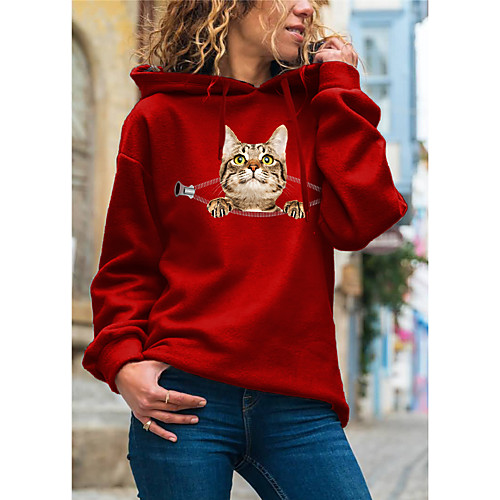 

Women's Pullover Hoodie Sweatshirt Cat Graphic 3D Daily Basic Casual Hoodies Sweatshirts Black Red