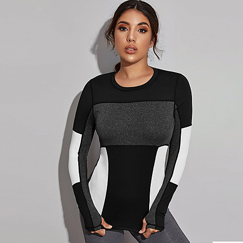 

Women's Sweatshirt Yoga Top Thumbhole Color Block Black Nylon Yoga Fitness Gym Workout Top Long Sleeve Sport Activewear Breathable Quick Dry Comfortable Stretchy