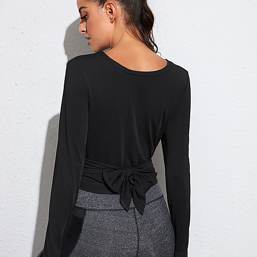 

Women's Yoga Top Crop Top Thumbhole Tie Back Fashion Black Nylon Yoga Fitness Gym Workout Top Long Sleeve Sport Activewear Breathable Quick Dry Comfortable Stretchy
